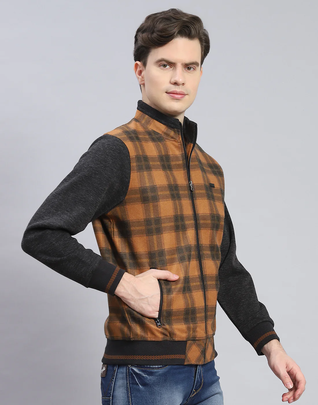 Men Mustard Check Stand Collar Full Sleeve Sweatshirt - Image 4