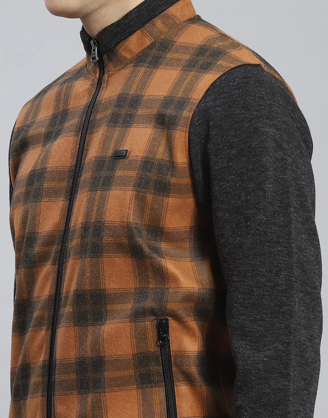 Men Mustard Check Stand Collar Full Sleeve Sweatshirt - Image 6