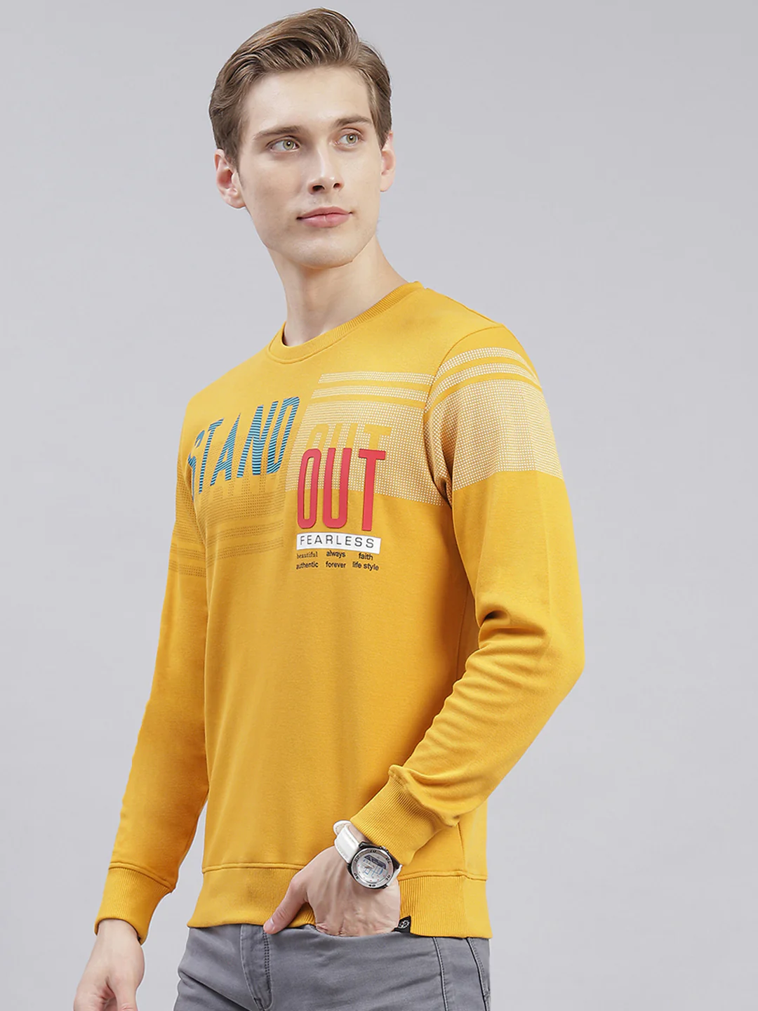 Men Mustard Printed Round Neck Full Sleeve Sweatshirts - Image 3