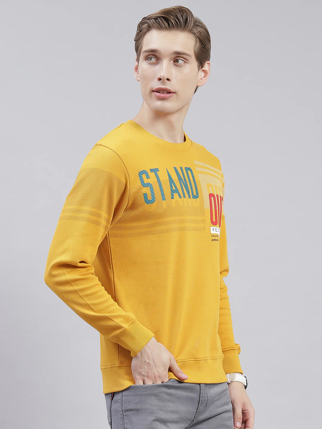 Men Mustard Printed Round Neck Full Sleeve Sweatshirts - Image 4