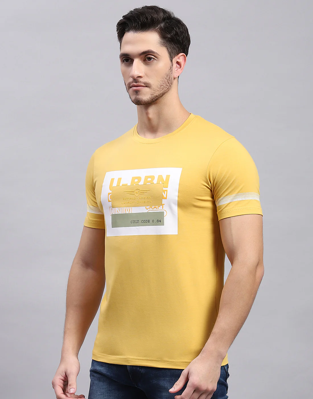 Men Mustard Printed Round Neck Half Sleeve T-Shirt - Image 3