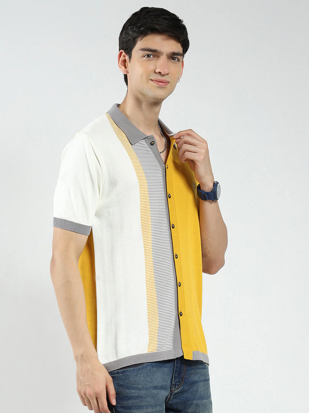 Men Mustard Self Design Collar Half Sleeve T-Shirt - Image 4
