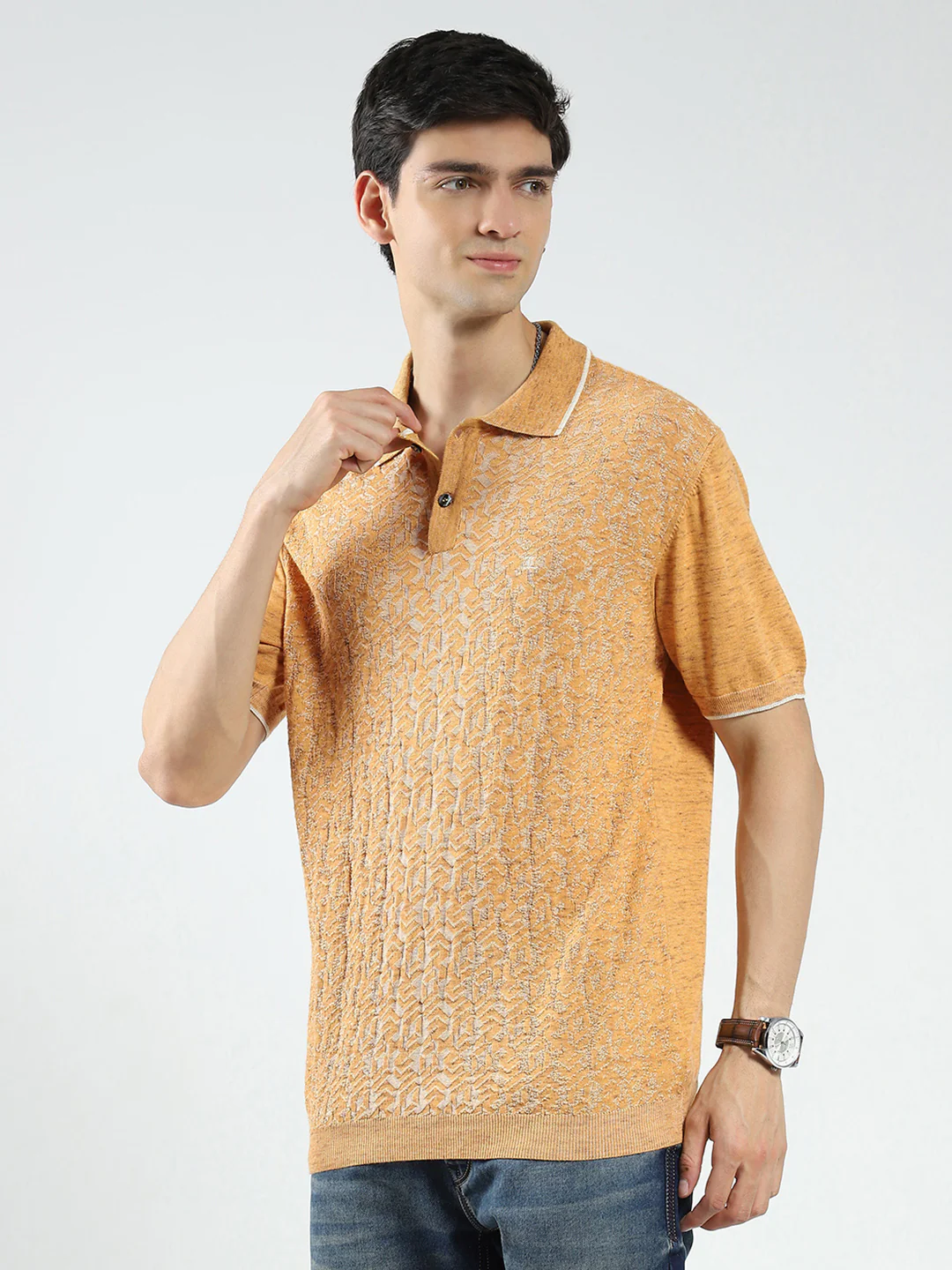 Men Mustard Self Design Collar Half Sleeve T-Shirt - Image 3