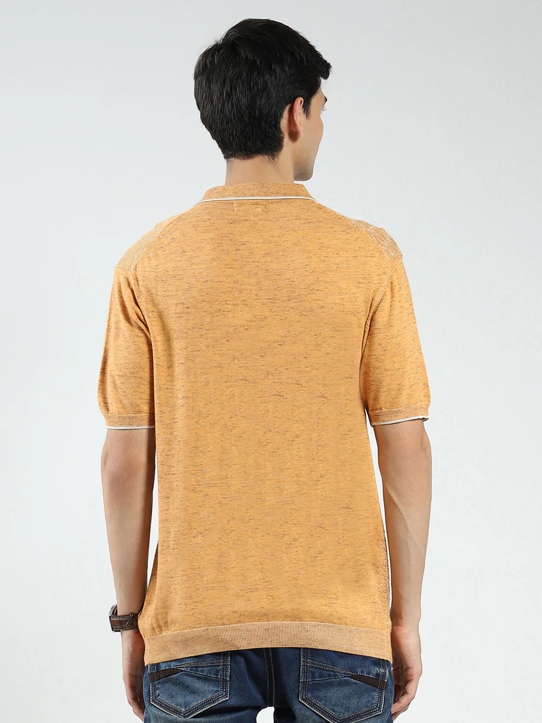 Men Mustard Self Design Collar Half Sleeve T-Shirt - Image 5