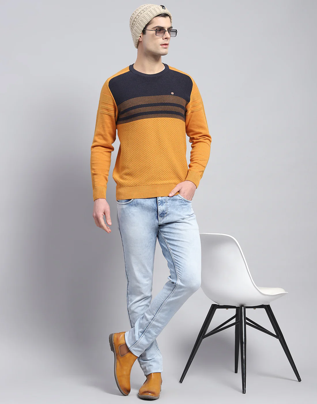 Men Mustard Self Design Round Neck Full Sleeve Pullover - Image 2
