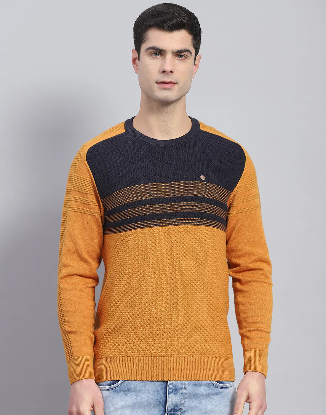 Men Mustard Self Design Round Neck Full Sleeve Pullover - Image 3