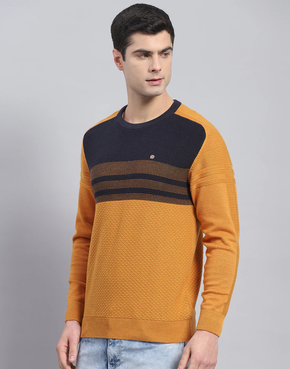 Men Mustard Self Design Round Neck Full Sleeve Pullover - Image 4
