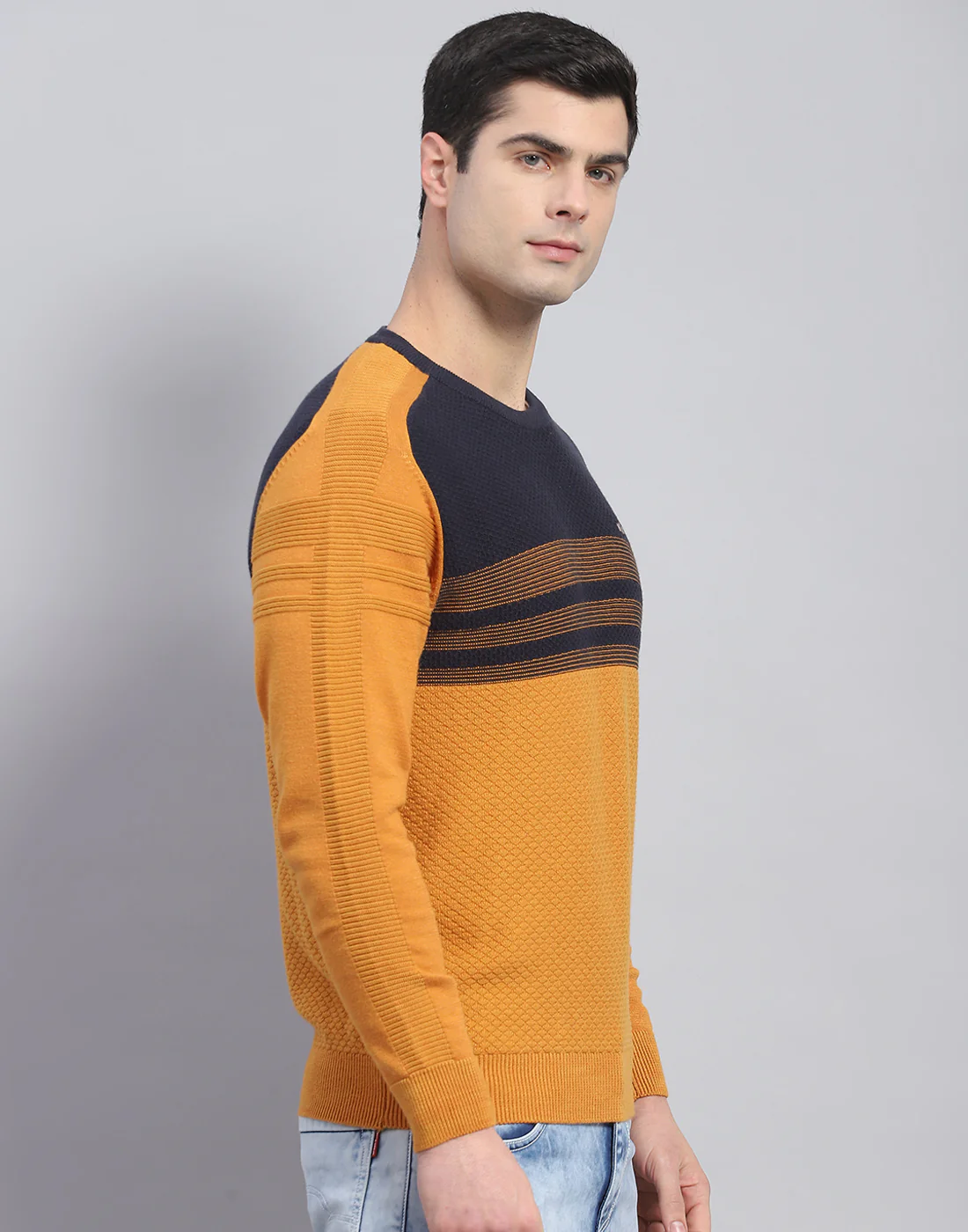 Men Mustard Self Design Round Neck Full Sleeve Pullover - Image 5