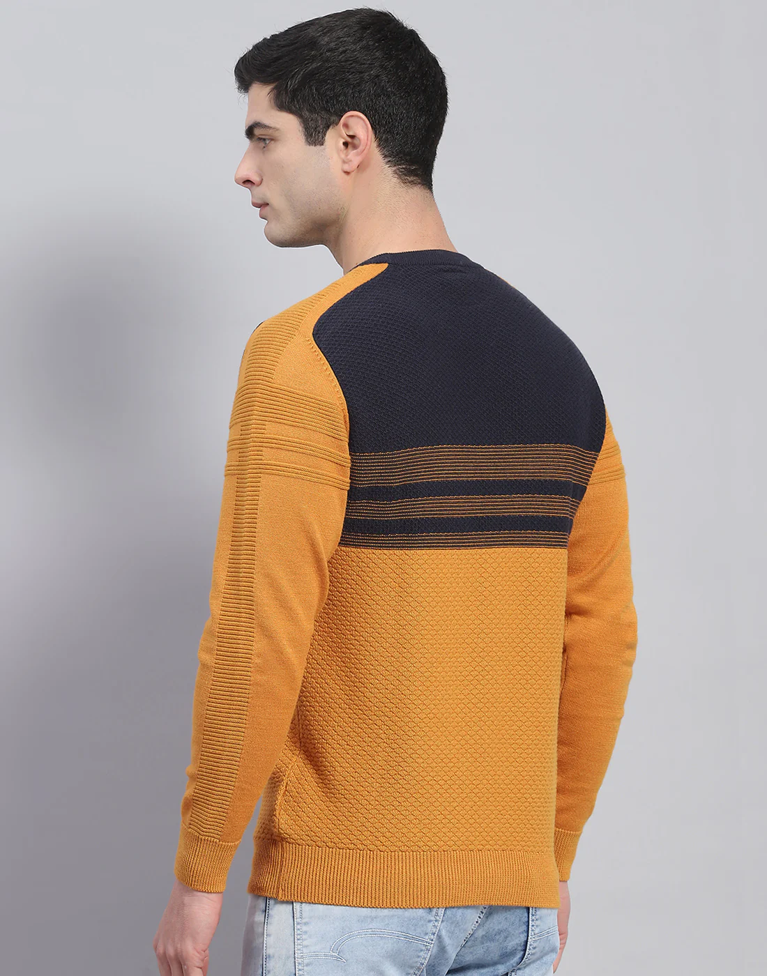 Men Mustard Self Design Round Neck Full Sleeve Pullover - Image 6