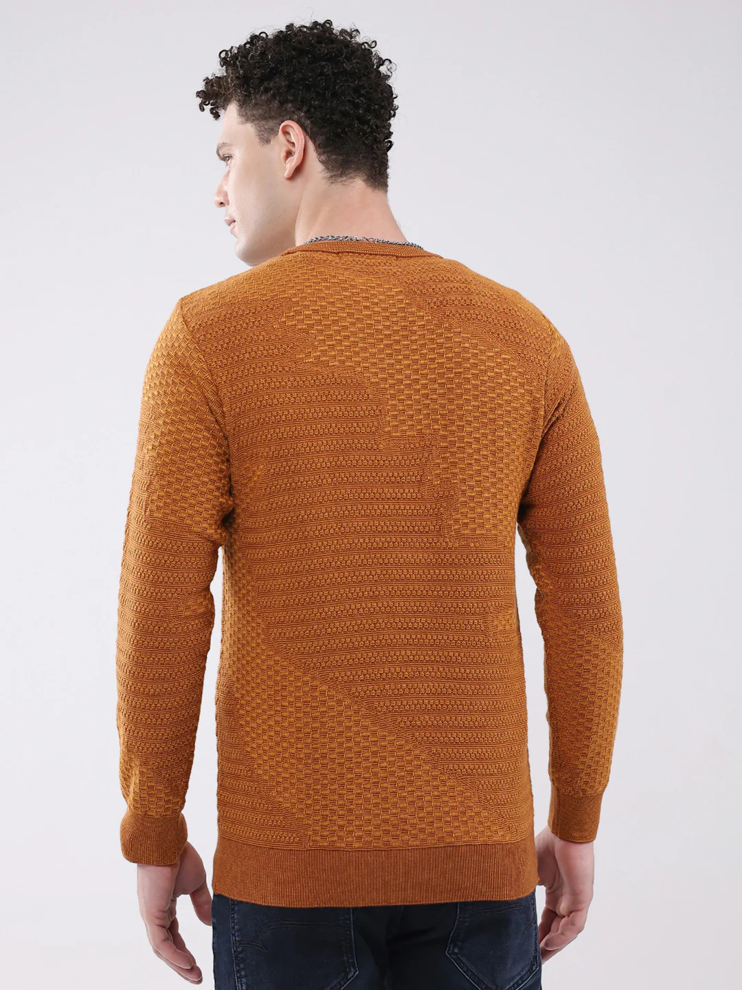 Men Mustard Self Design Round Neck Full Sleeve Pullover - Image 5