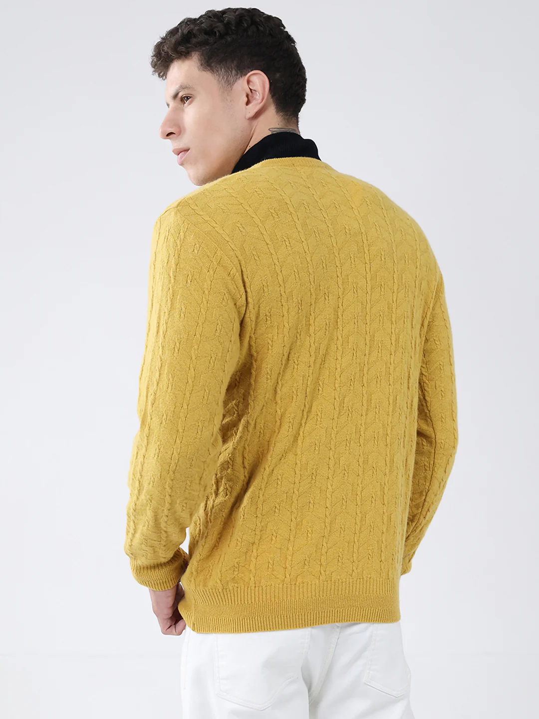 Men Mustard Self Design V Neck Full Sleeve Pullover - Image 5