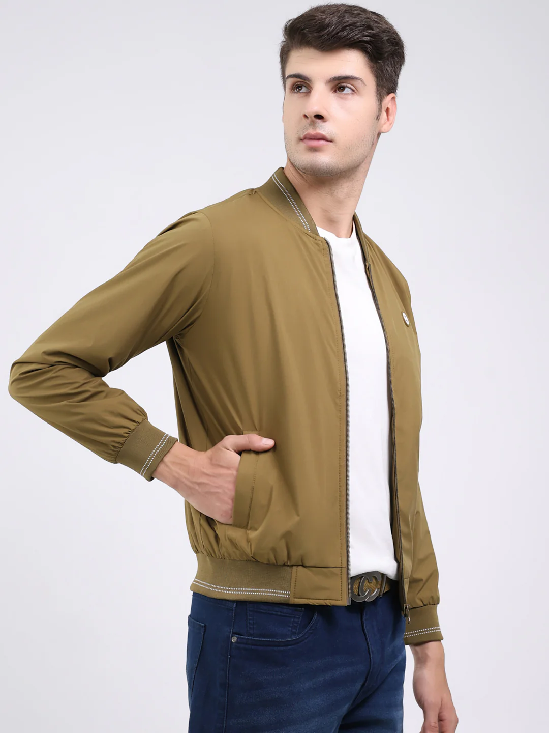 Men Mustard Solid Band Neck Full Sleeve Jacket - Image 4