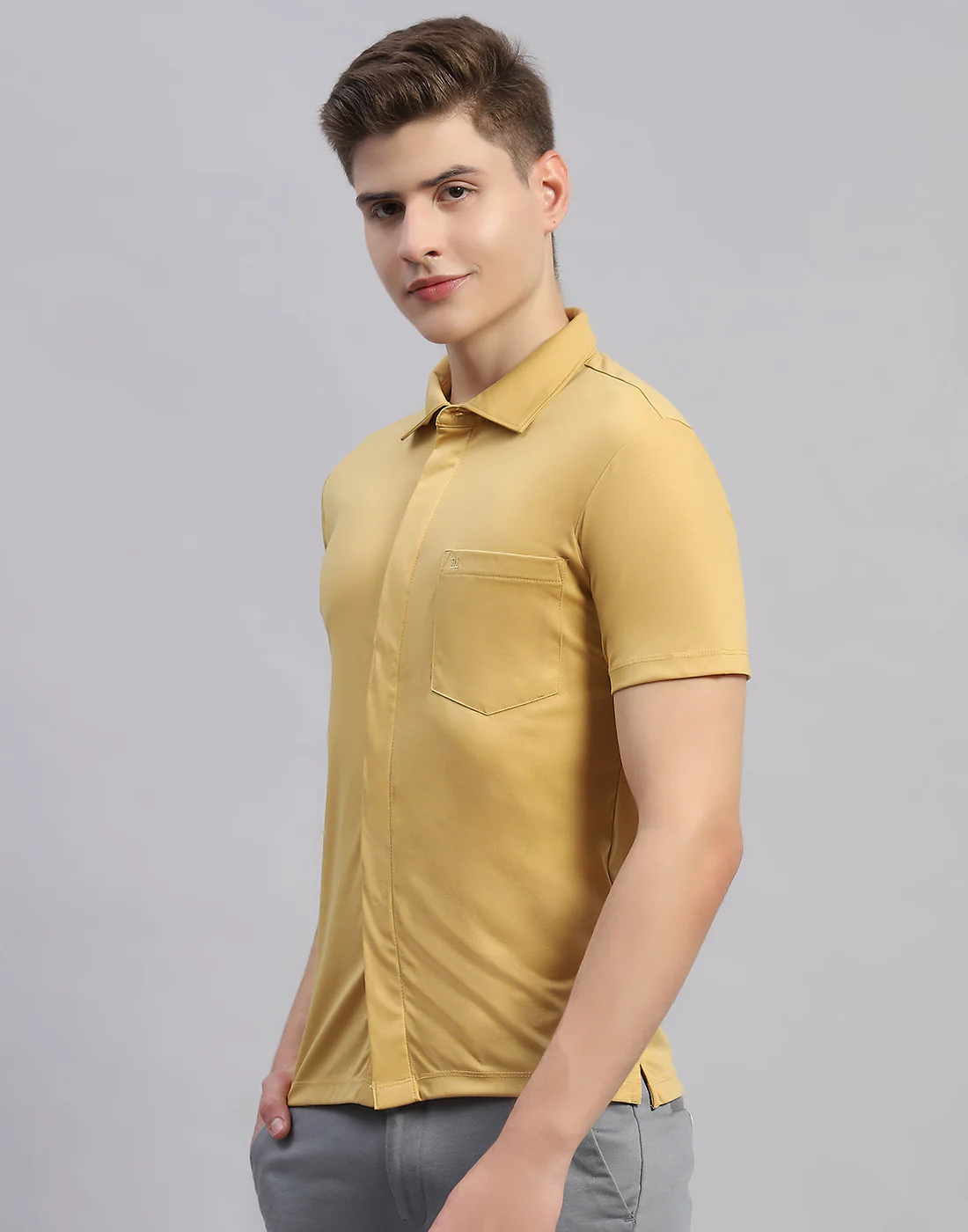 Men Mustard Solid Collar Half Sleeve Shirt - Image 3