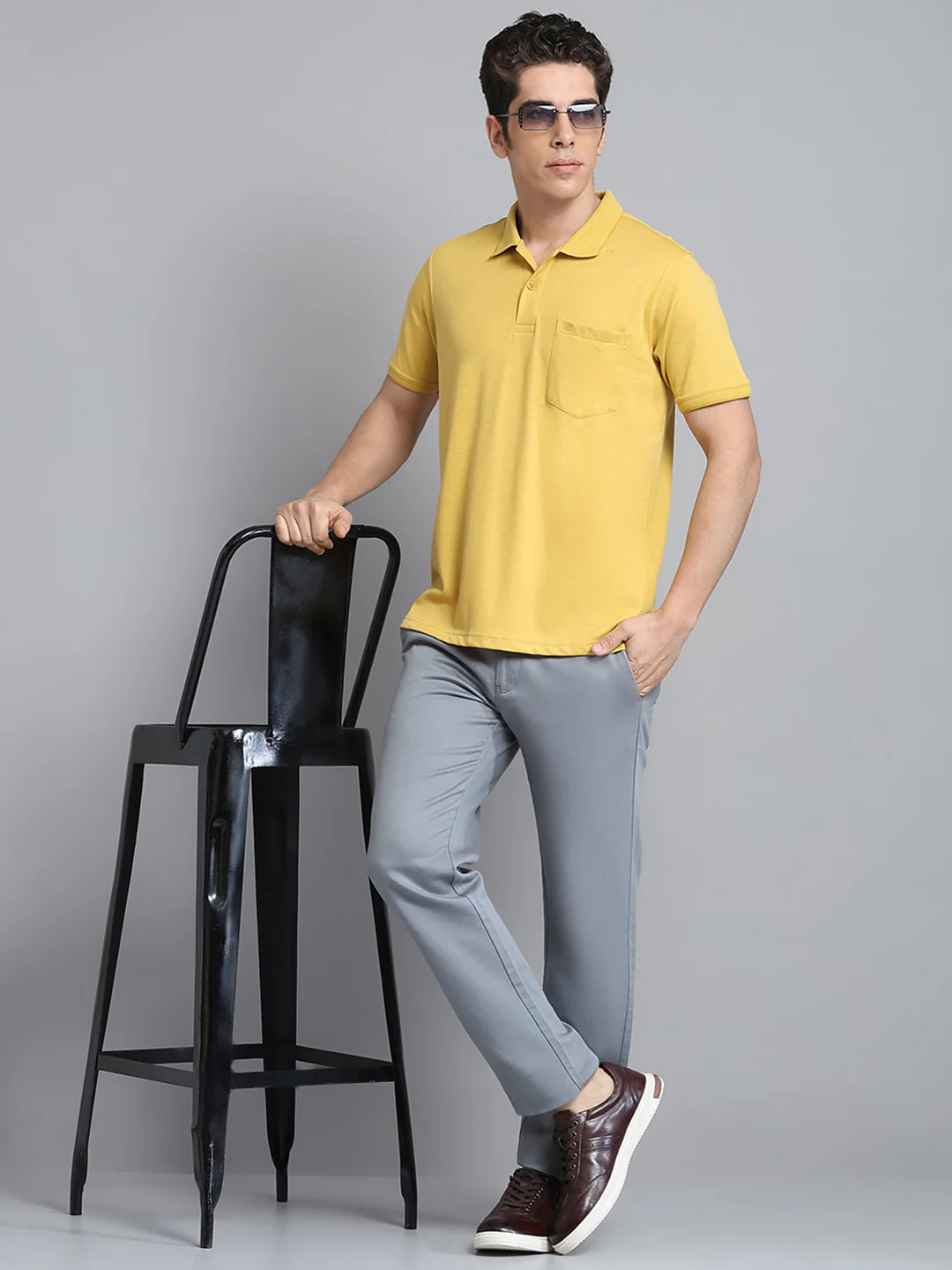 Men Mustard Solid Collar Half Sleeve T-Shirt - Image 2