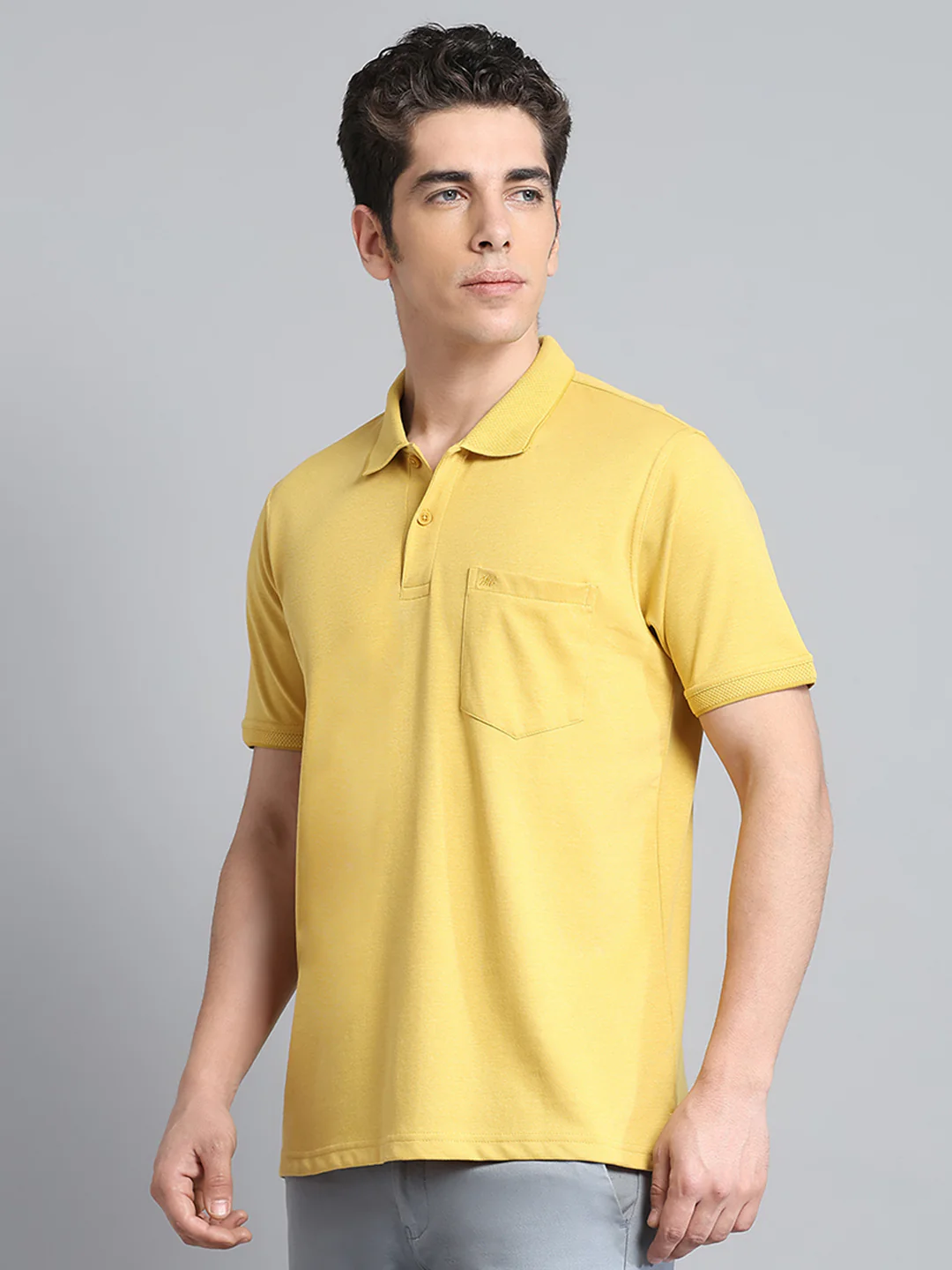 Men Mustard Solid Collar Half Sleeve T-Shirt - Image 3