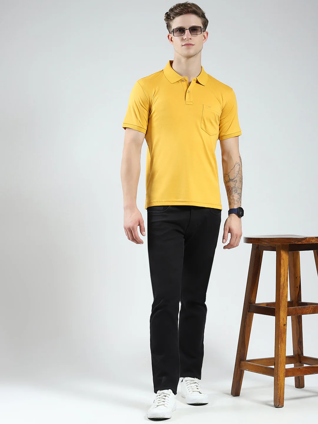 Men Mustard Solid Collar Half Sleeve T-Shirt - Image 2