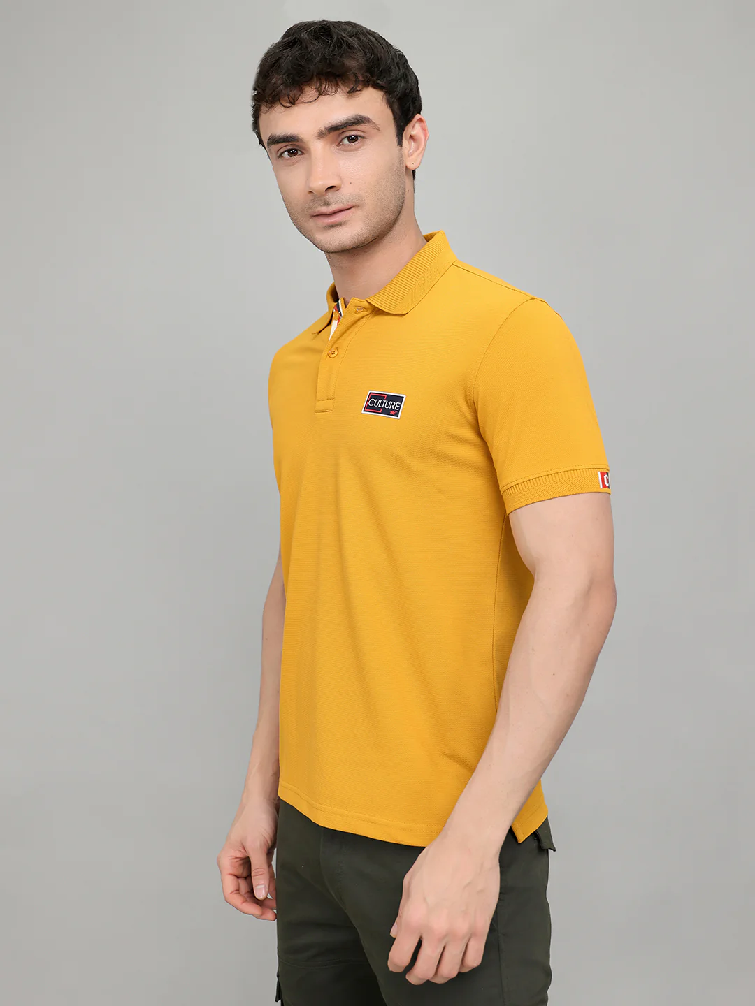 Men Mustard Solid Collar Half Sleeve T-Shirt - Image 2