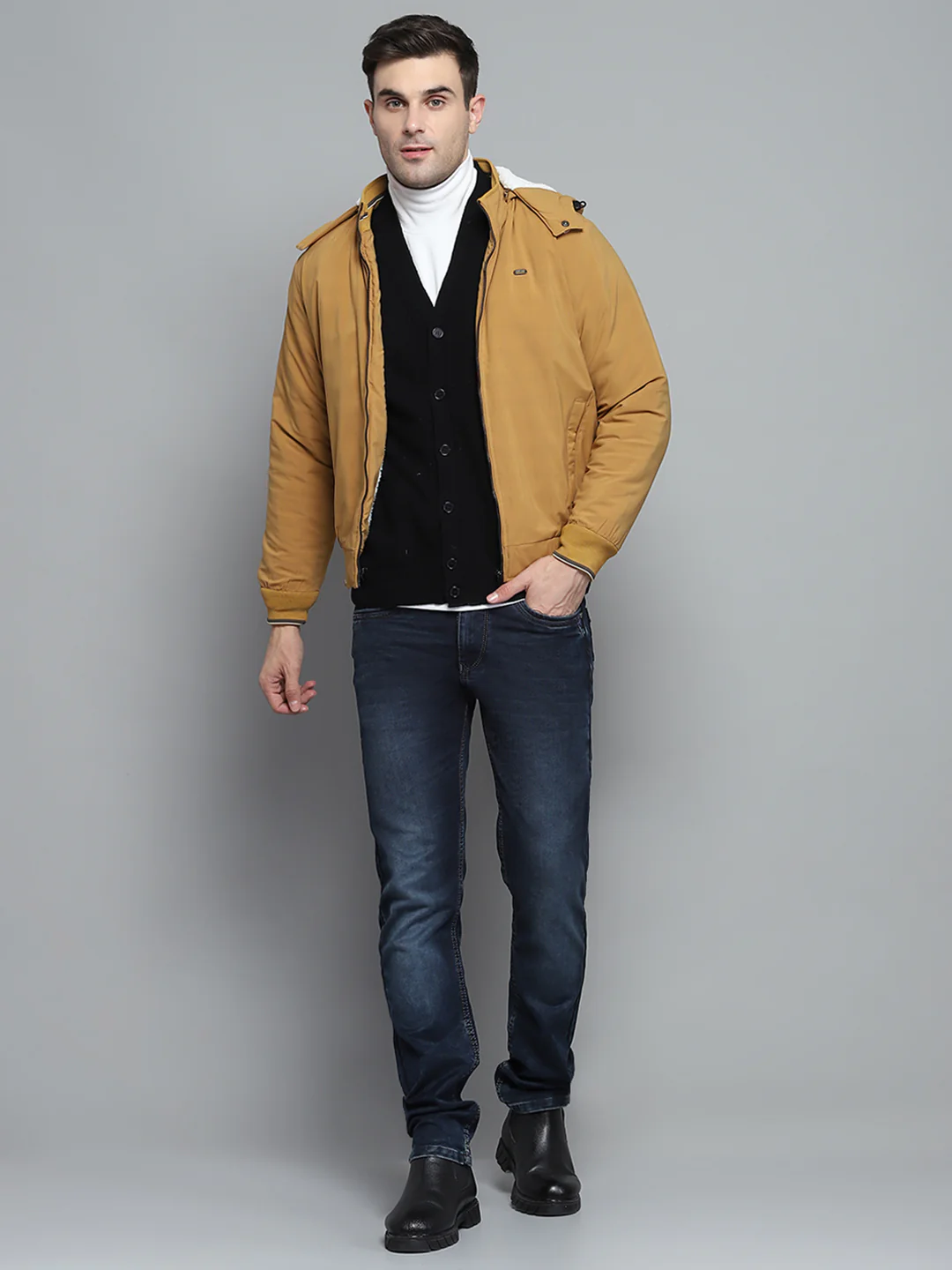Men Mustard Solid Detachable Hood Full Sleeve Jacket - Image 2