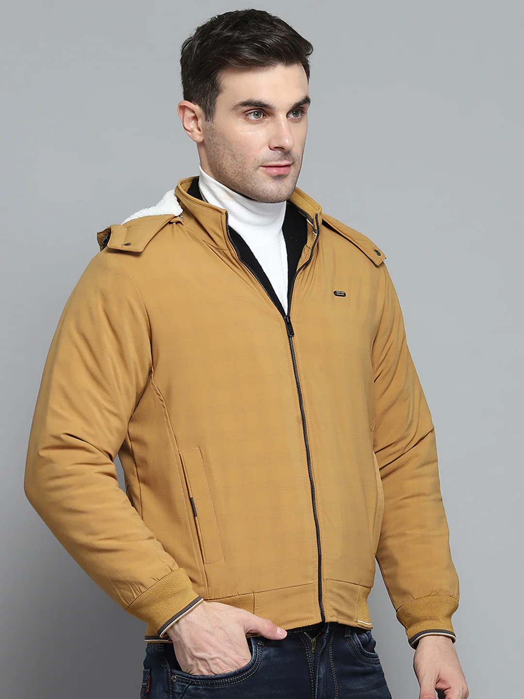 Men Mustard Solid Detachable Hood Full Sleeve Jacket - Image 4