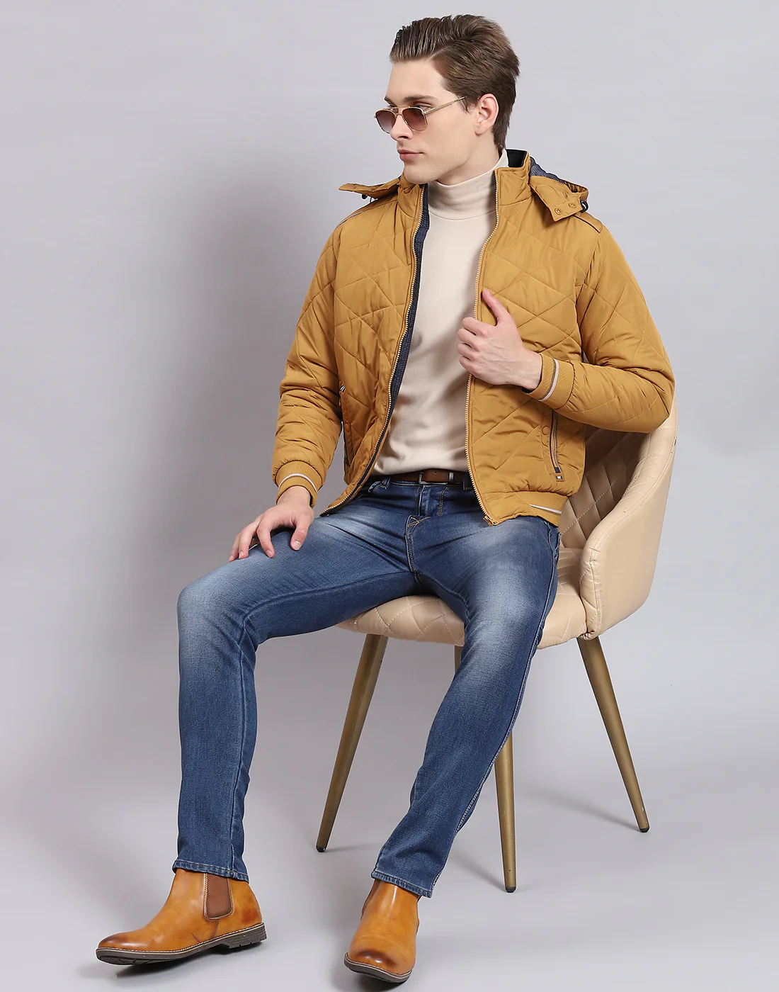 Men Mustard Solid Hooded Full Sleeve Jacket - Image 2
