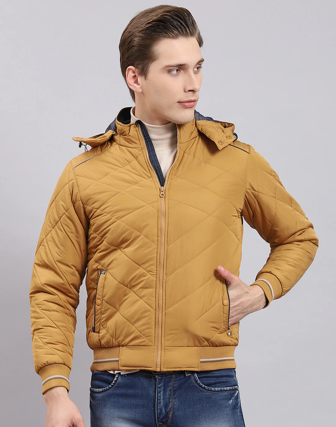 Men Mustard Solid Hooded Full Sleeve Jacket - Image 3