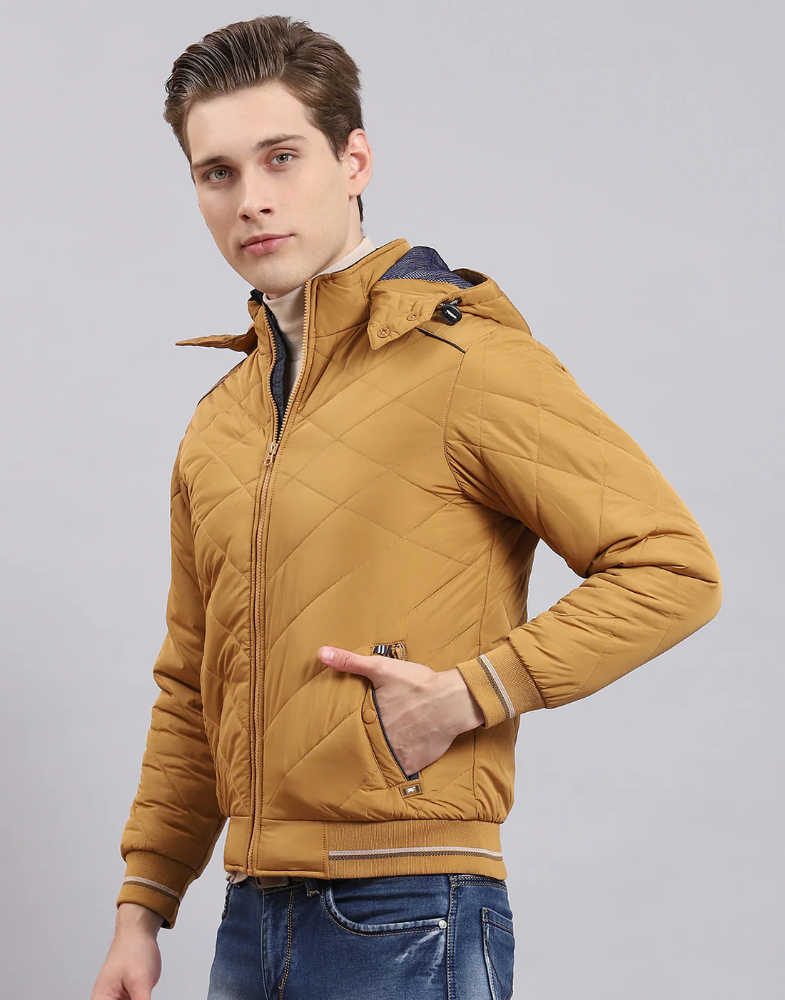 Men Mustard Solid Hooded Full Sleeve Jacket - Image 4