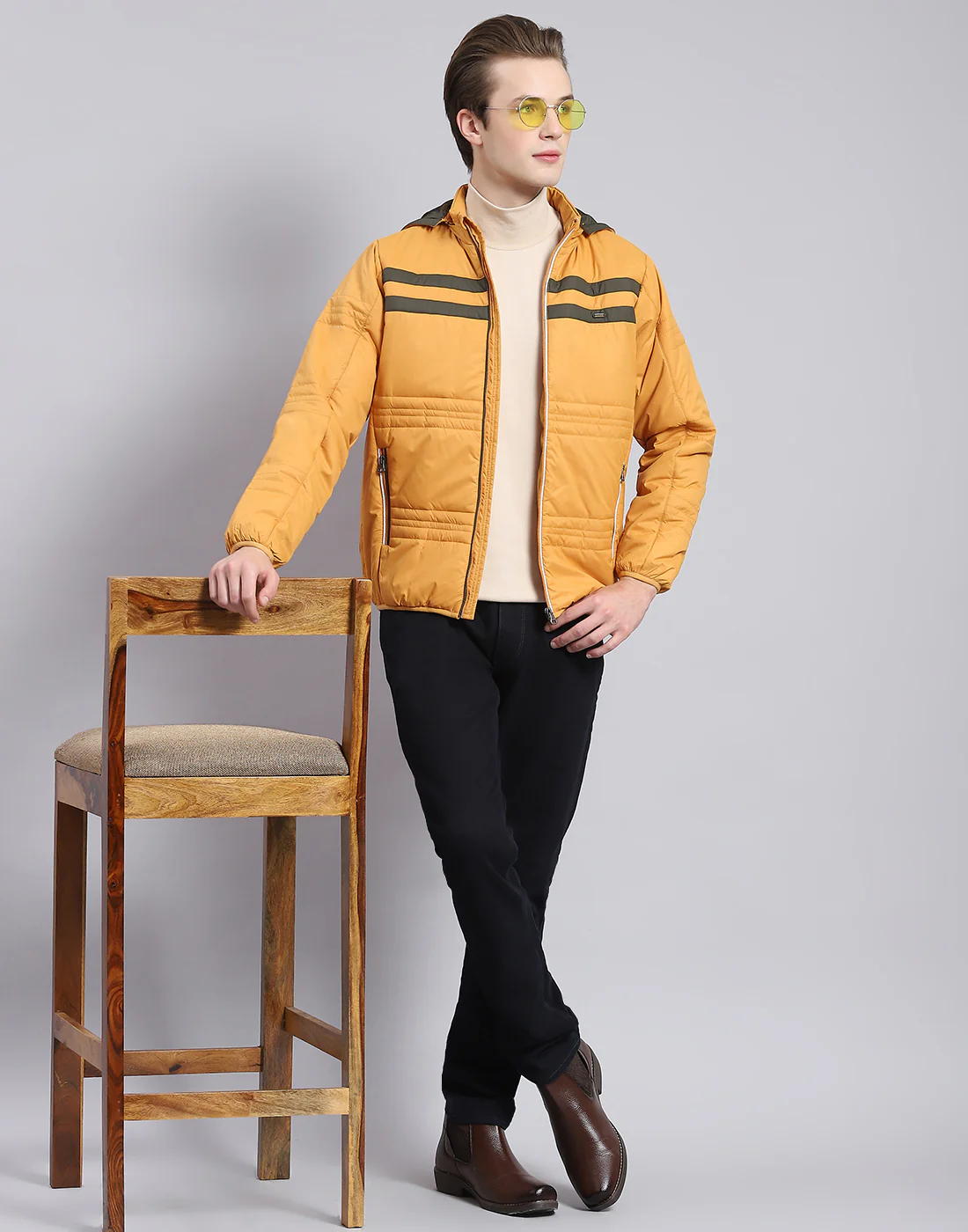 Men Mustard Solid Hooded Full Sleeve Jacket - Image 3