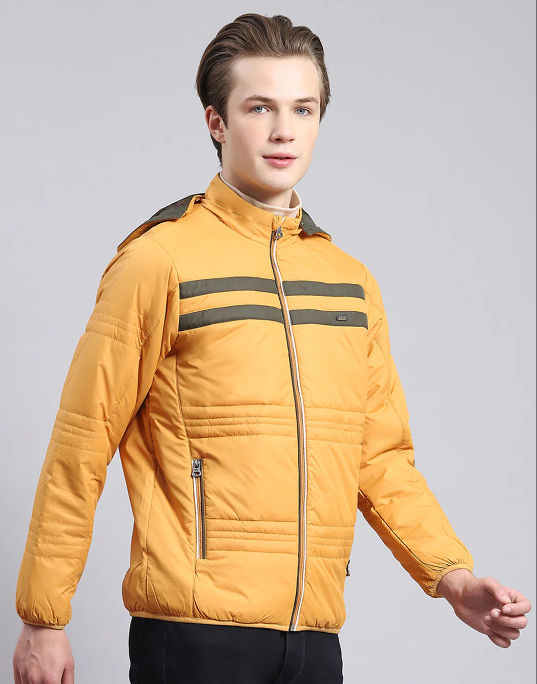 Men Mustard Solid Hooded Full Sleeve Jacket - Image 5