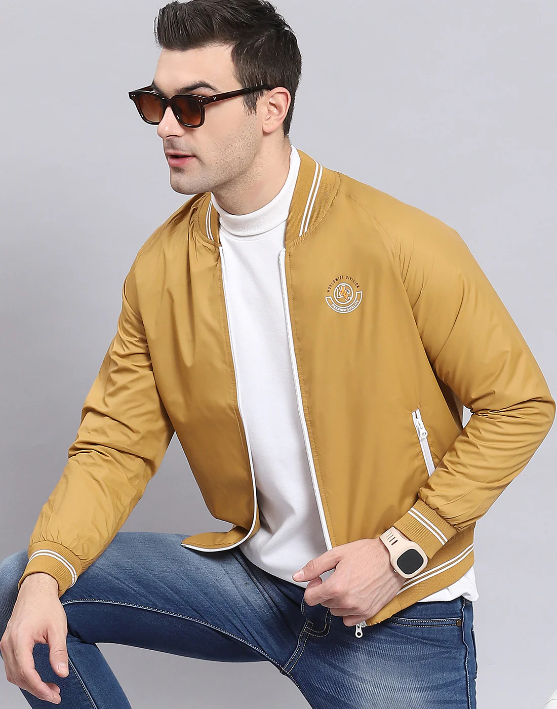 Men Mustard Solid Mandarin Collar Full Sleeve Jacket - Image 2
