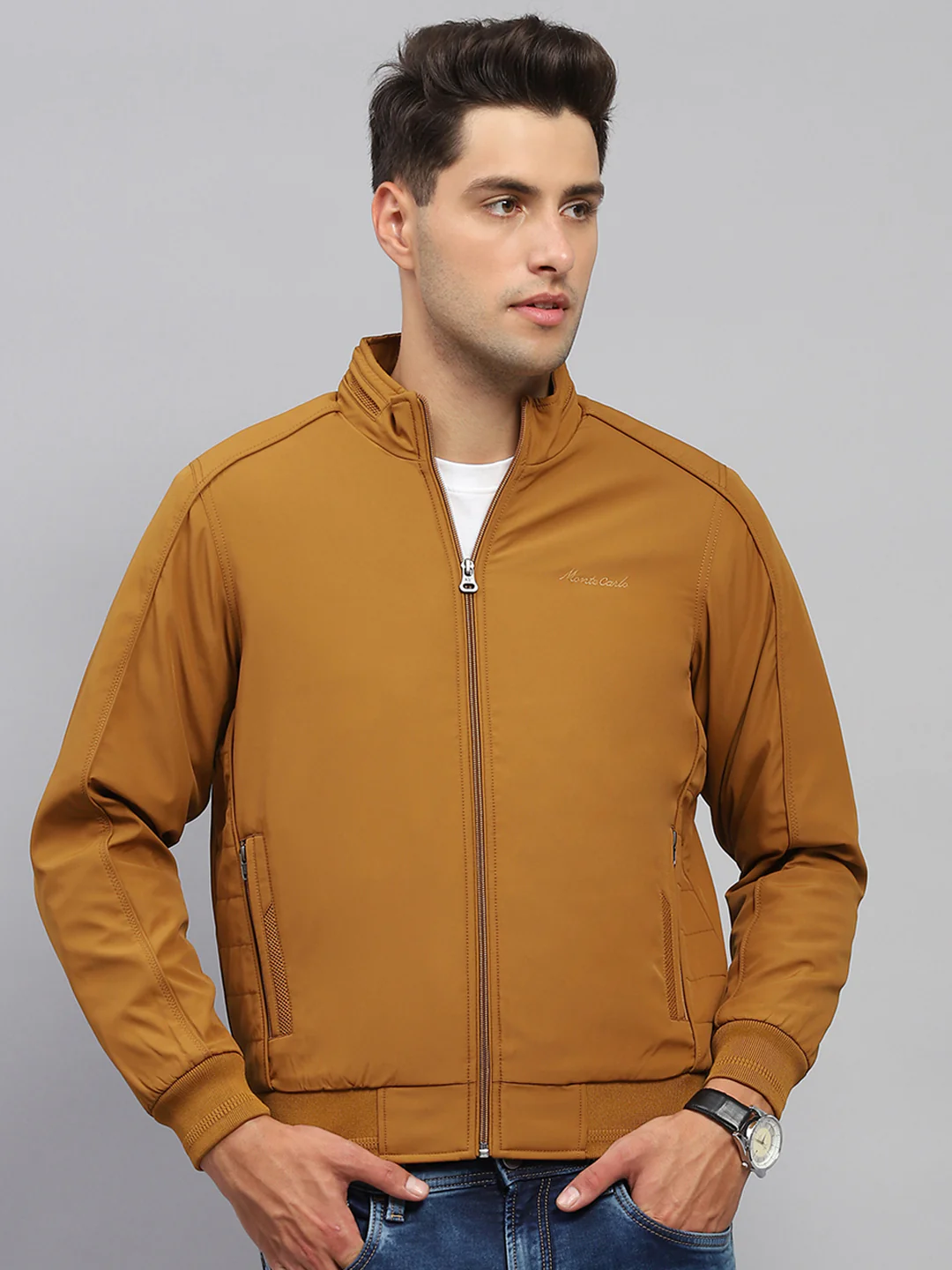 Men Mustard Solid Mock Neck Full Sleeve Jacket - Image 2