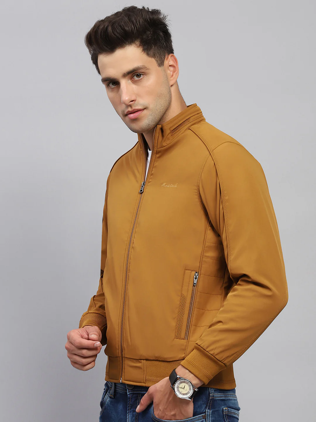 Men Mustard Solid Mock Neck Full Sleeve Jacket - Image 3