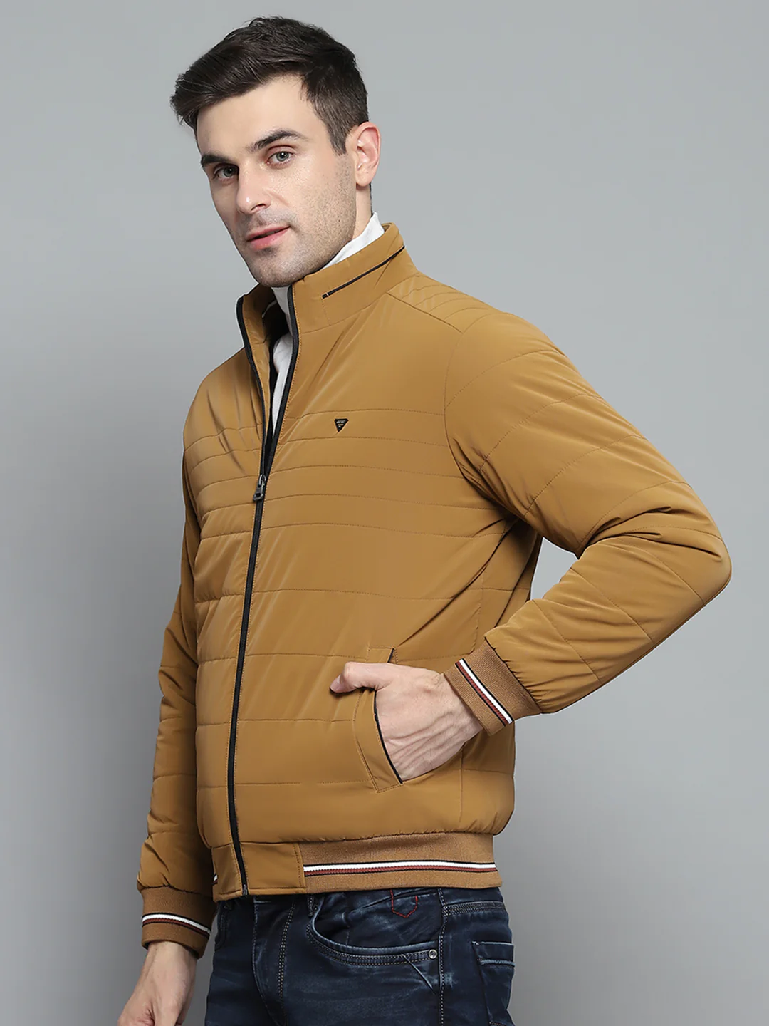 Men Mustard Solid Mock Neck Full Sleeve Jacket - Image 3