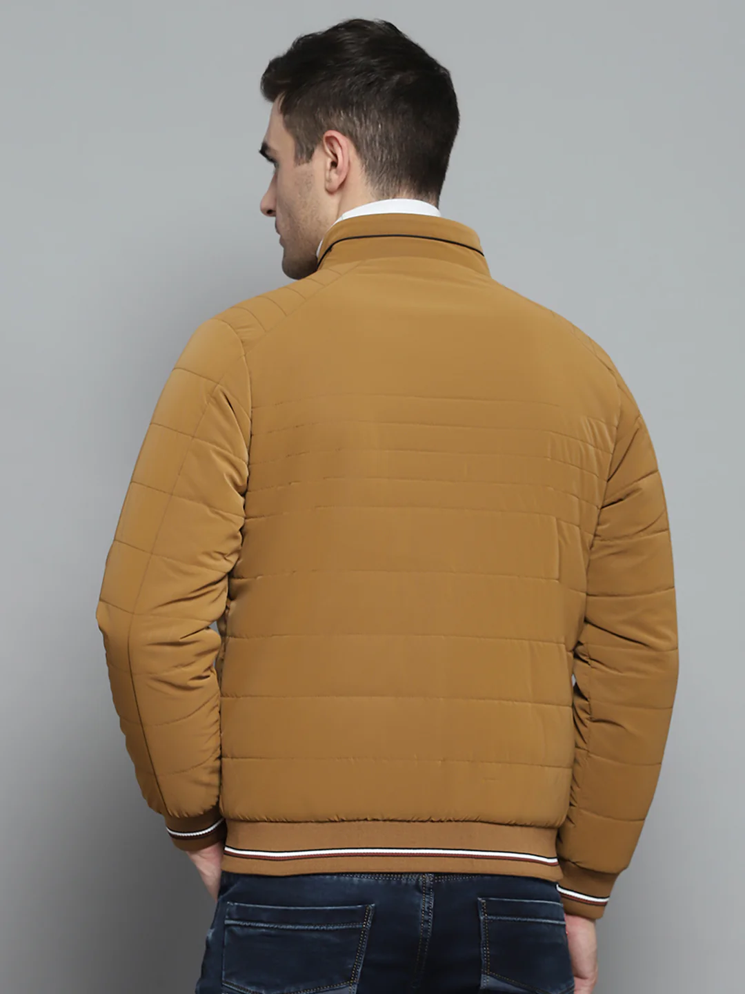 Men Mustard Solid Mock Neck Full Sleeve Jacket - Image 5