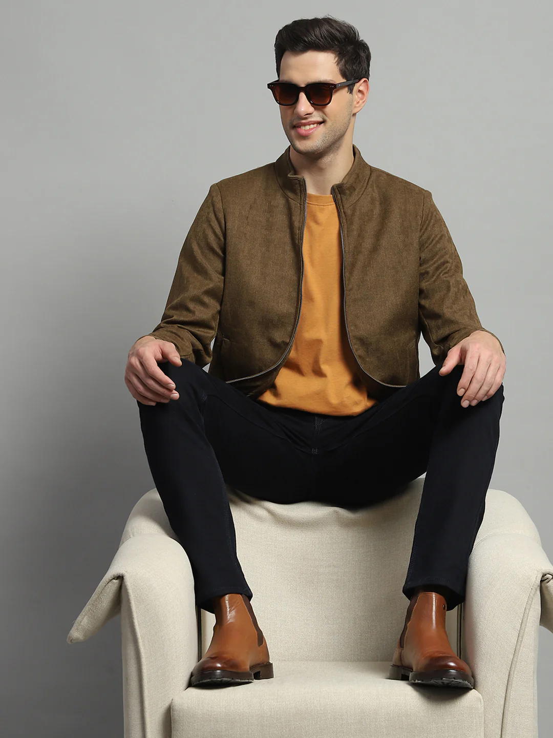 Luxuria Men Mustard Solid Mock Neck Full Sleeve Jacket - Image 2