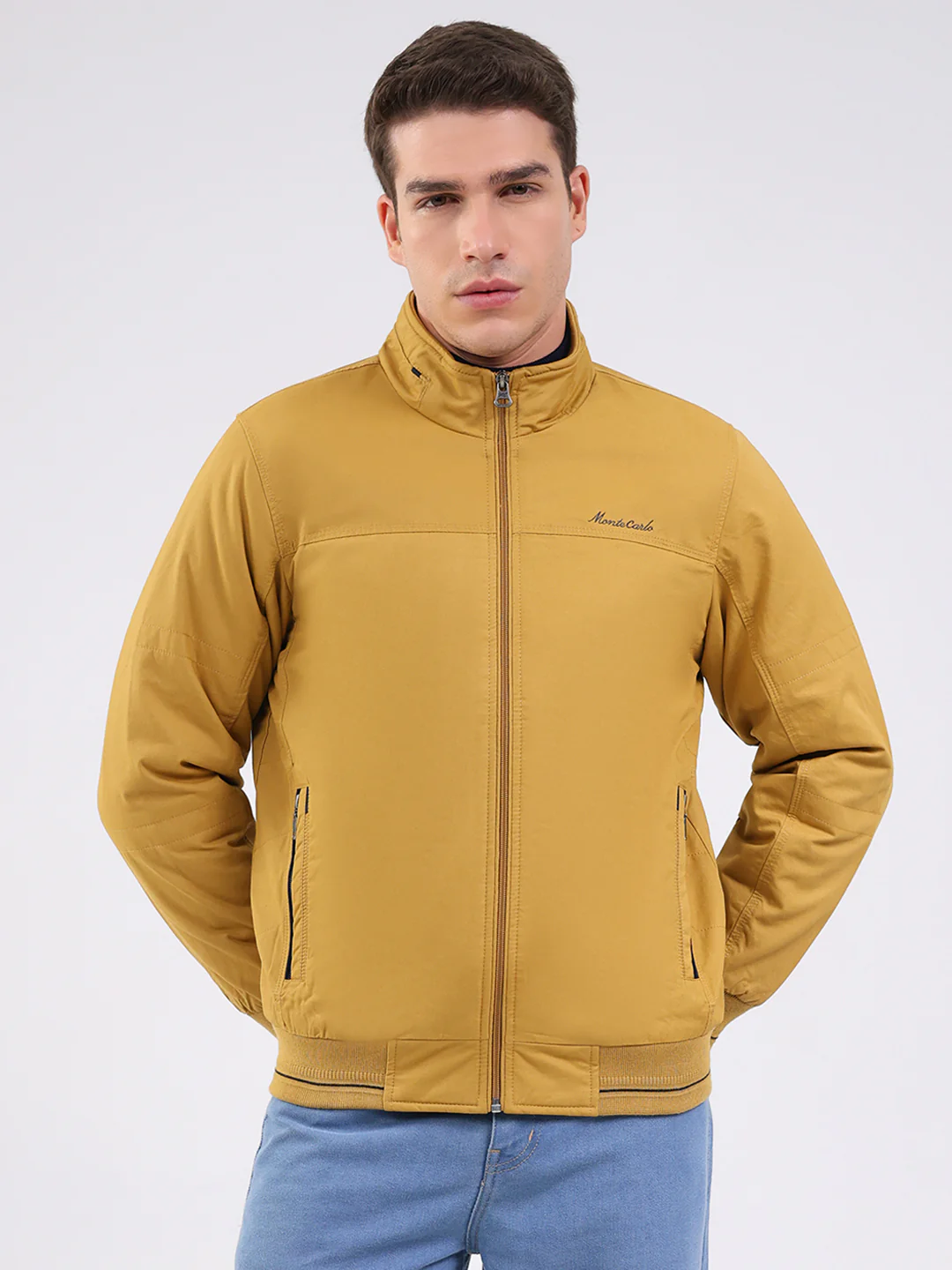 Men Mustard Solid Mock Neck Full Sleeve Jacket