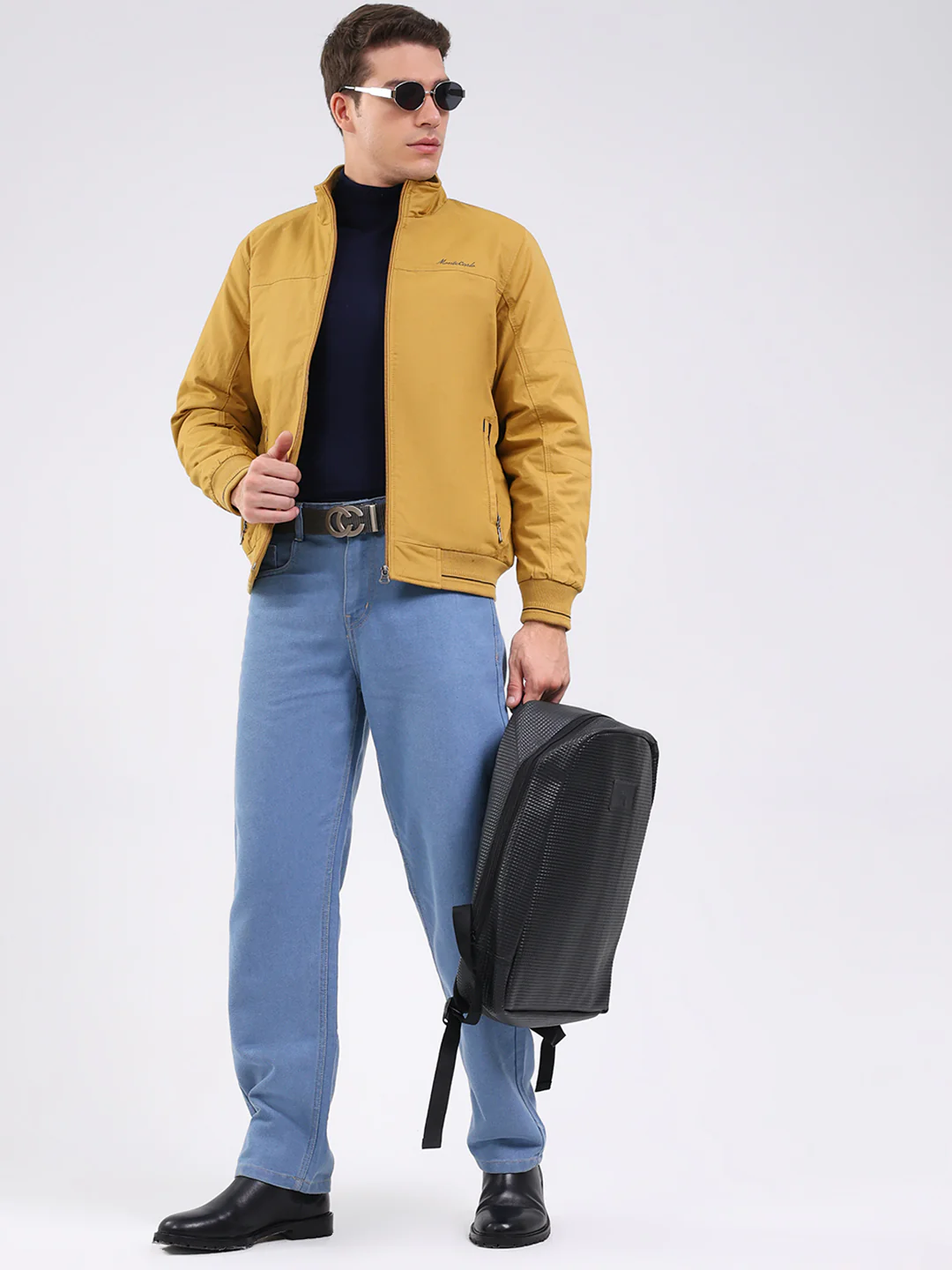 Men Mustard Solid Mock Neck Full Sleeve Jacket - Image 2