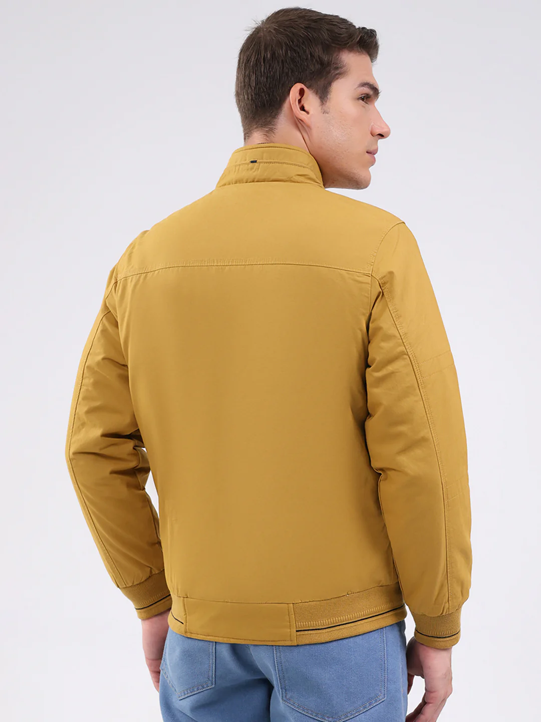 Men Mustard Solid Mock Neck Full Sleeve Jacket - Image 5