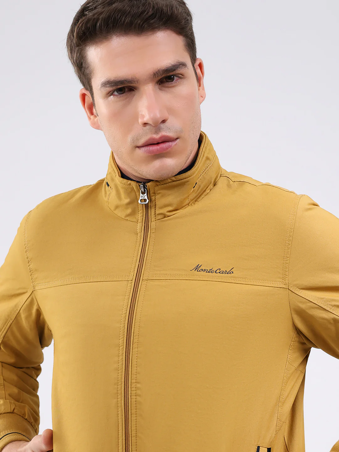 Men Mustard Solid Mock Neck Full Sleeve Jacket - Image 6