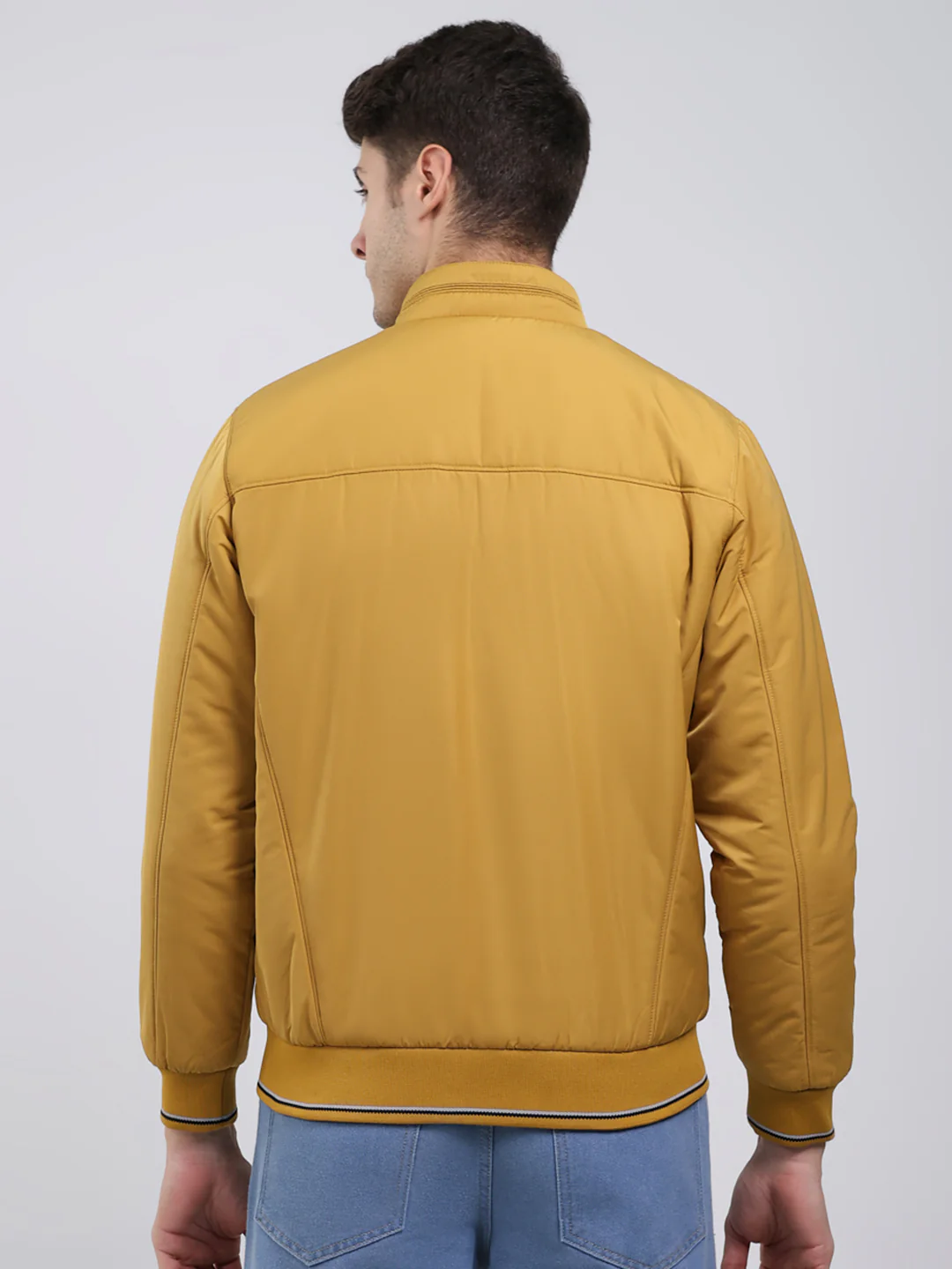 Men Mustard Solid Mock Neck Full Sleeve Jacket - Image 5