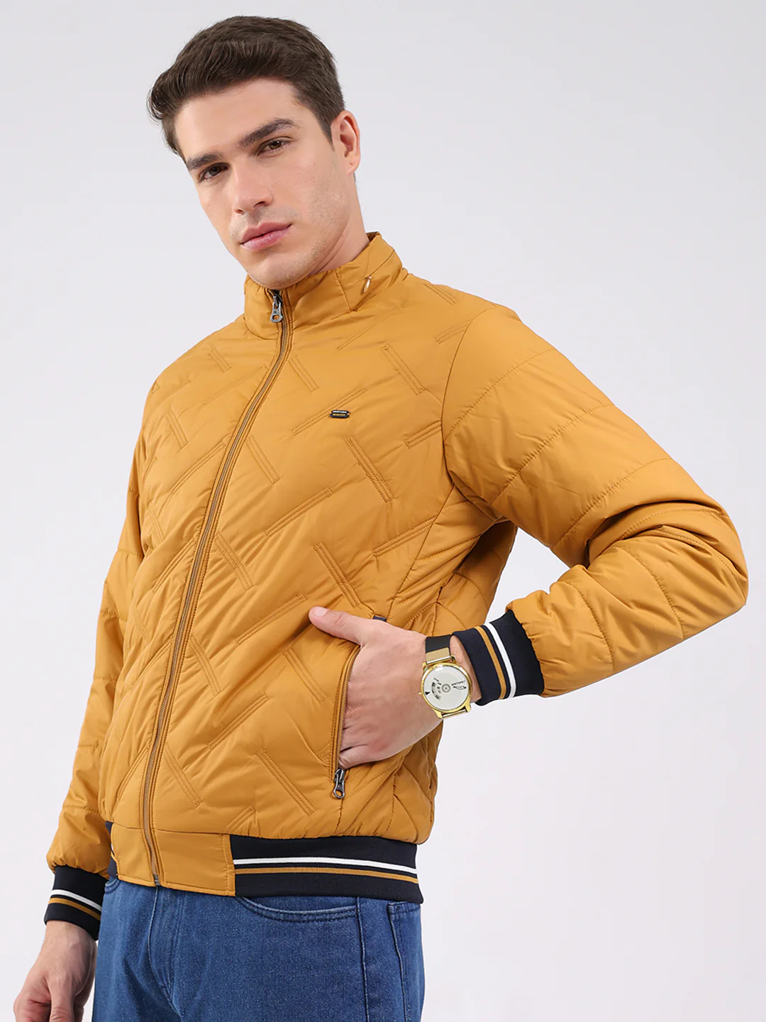 Men Mustard Solid Mock Neck Full Sleeve Jacket - Image 3
