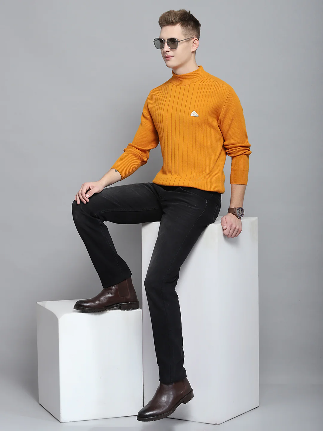Men Mustard Solid Mock Neck Full Sleeve Pullover - Image 2
