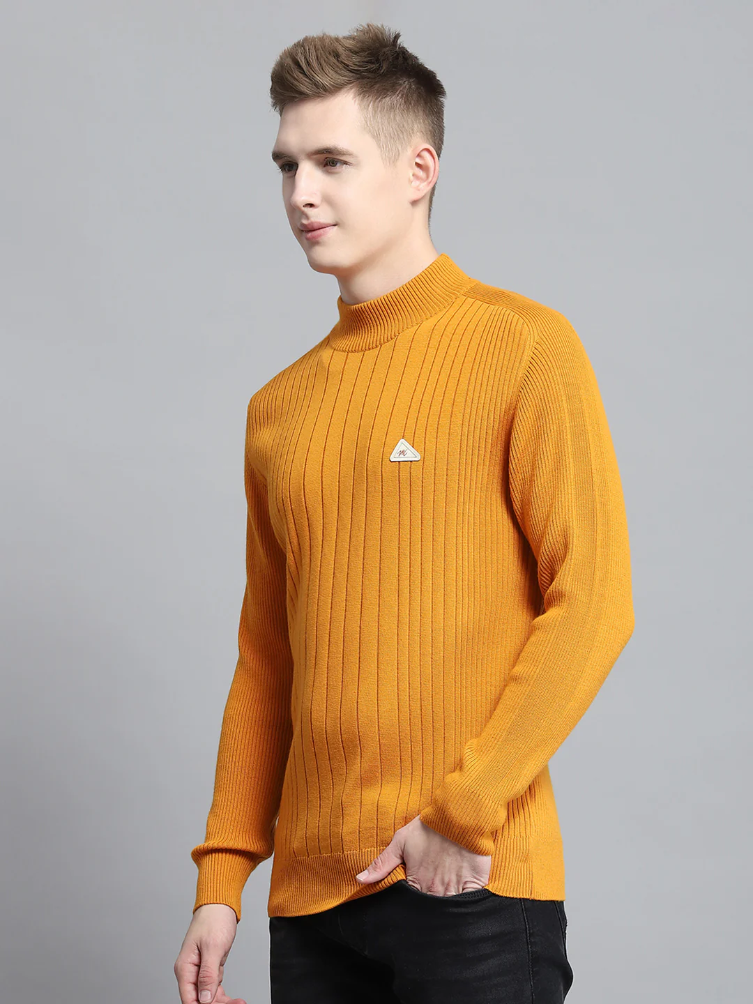 Men Mustard Solid Mock Neck Full Sleeve Pullover - Image 3