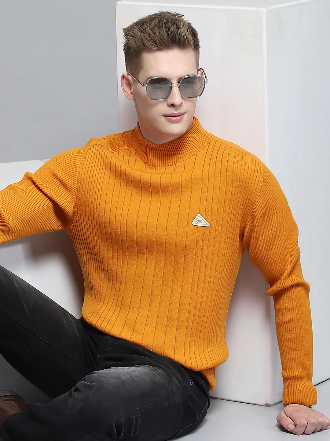 Men Mustard Solid Mock Neck Full Sleeve Pullover - Image 6