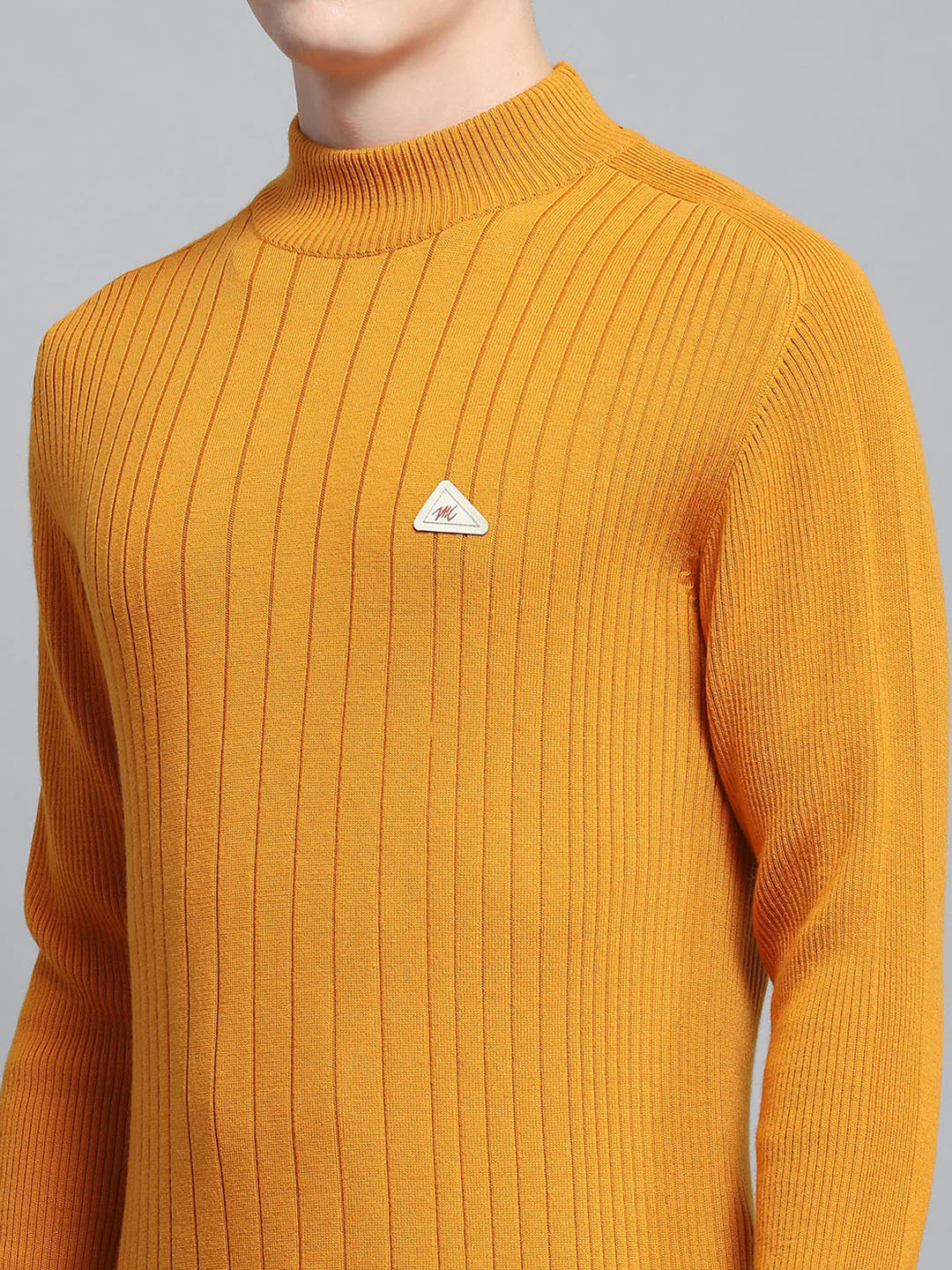 Men Mustard Solid Mock Neck Full Sleeve Pullover - Image 7