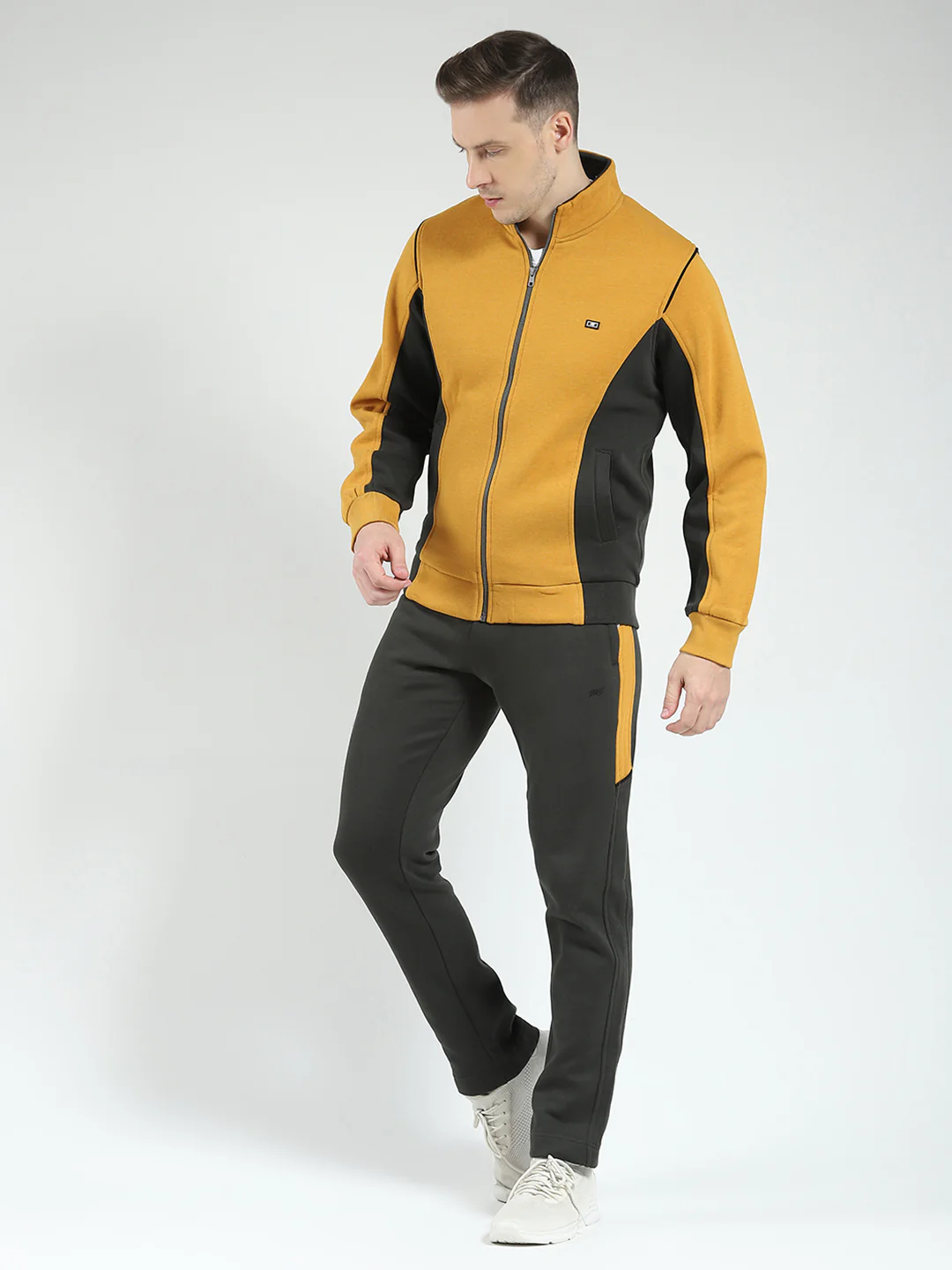 Men Mustard Solid Mock Neck Full Sleeve Winter Tracksuit - Image 3
