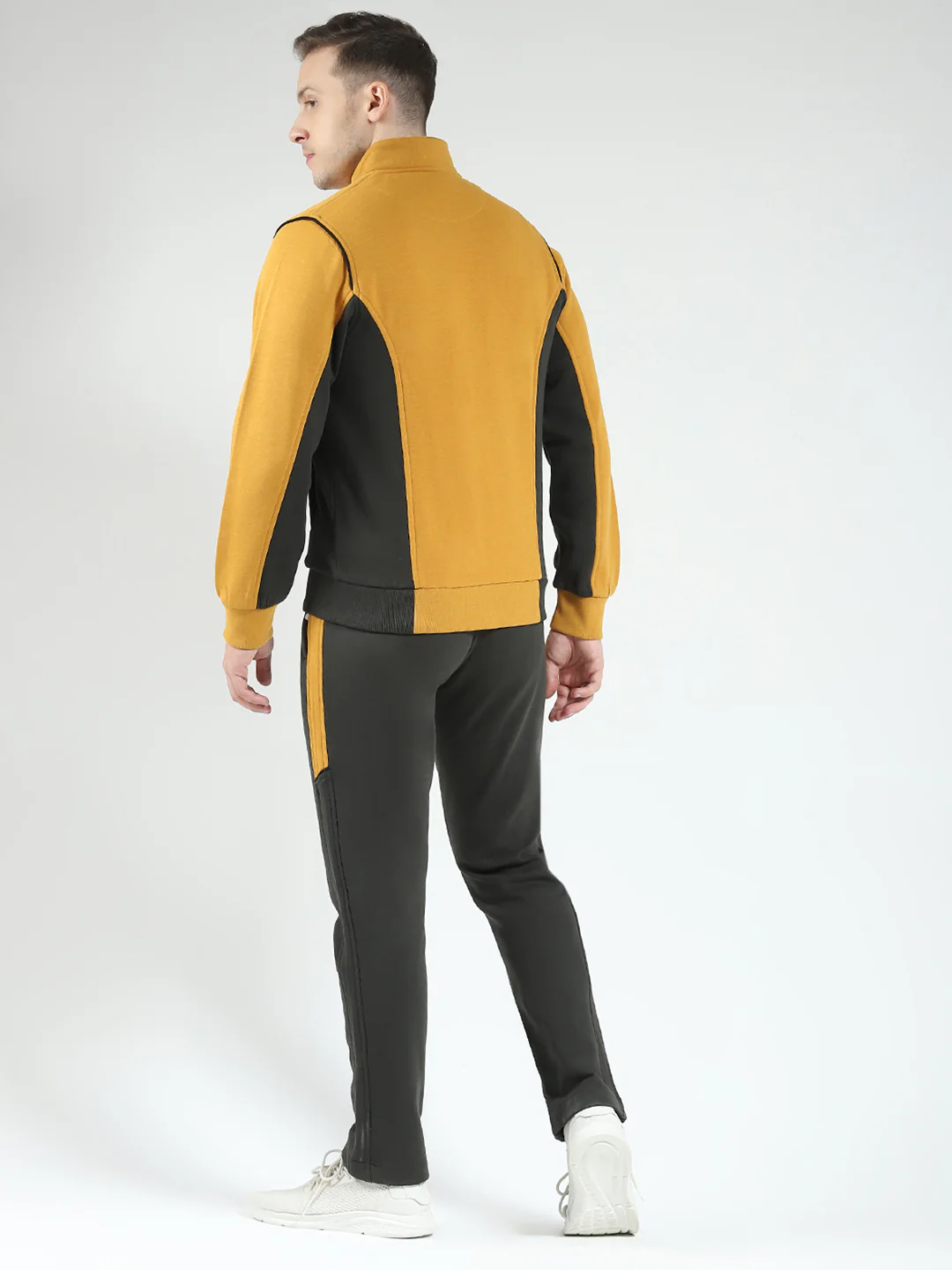 Men Mustard Solid Mock Neck Full Sleeve Winter Tracksuit - Image 5