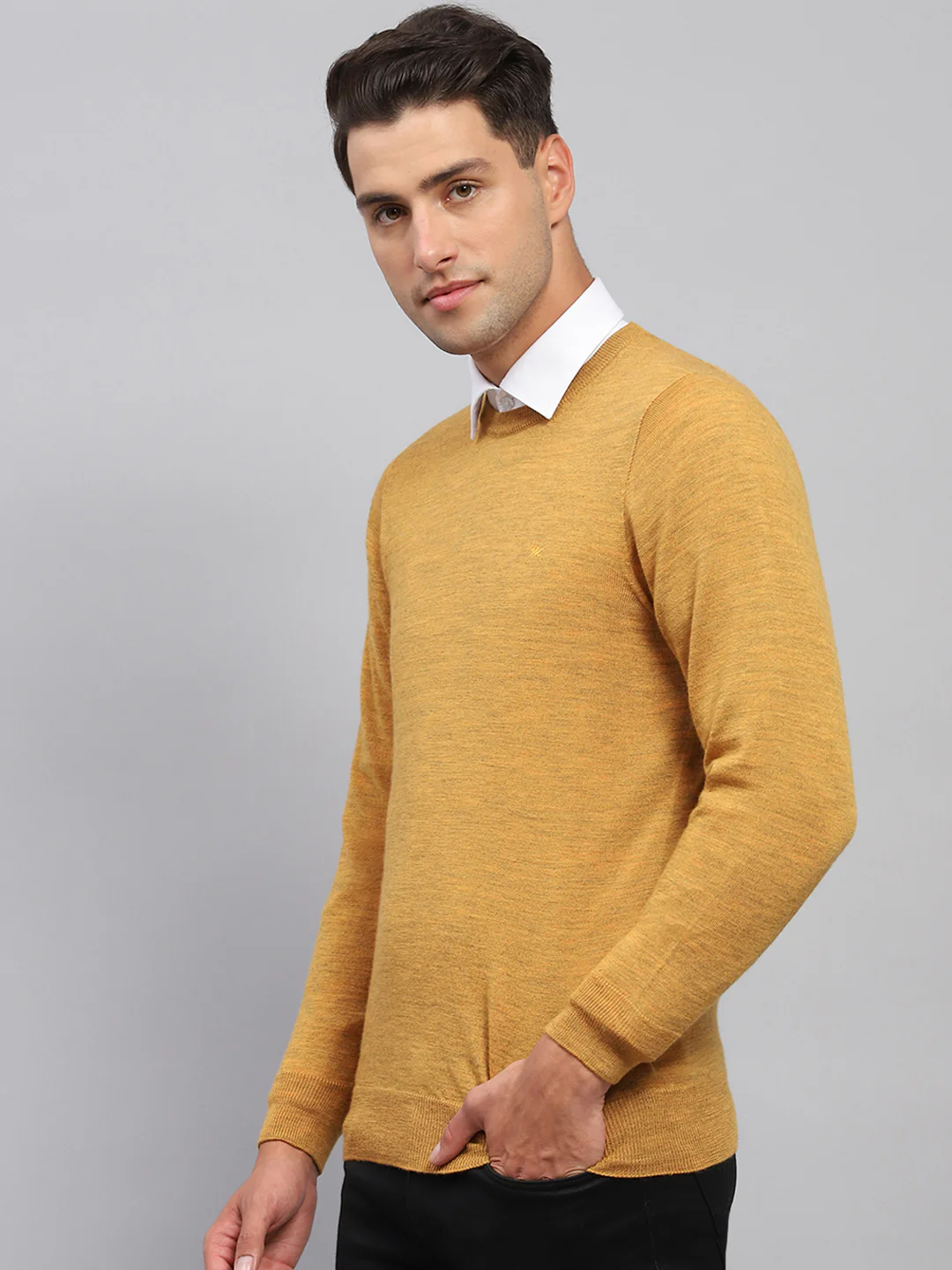 Men Mustard Solid Round Neck Full Sleeve Pullover - Image 3