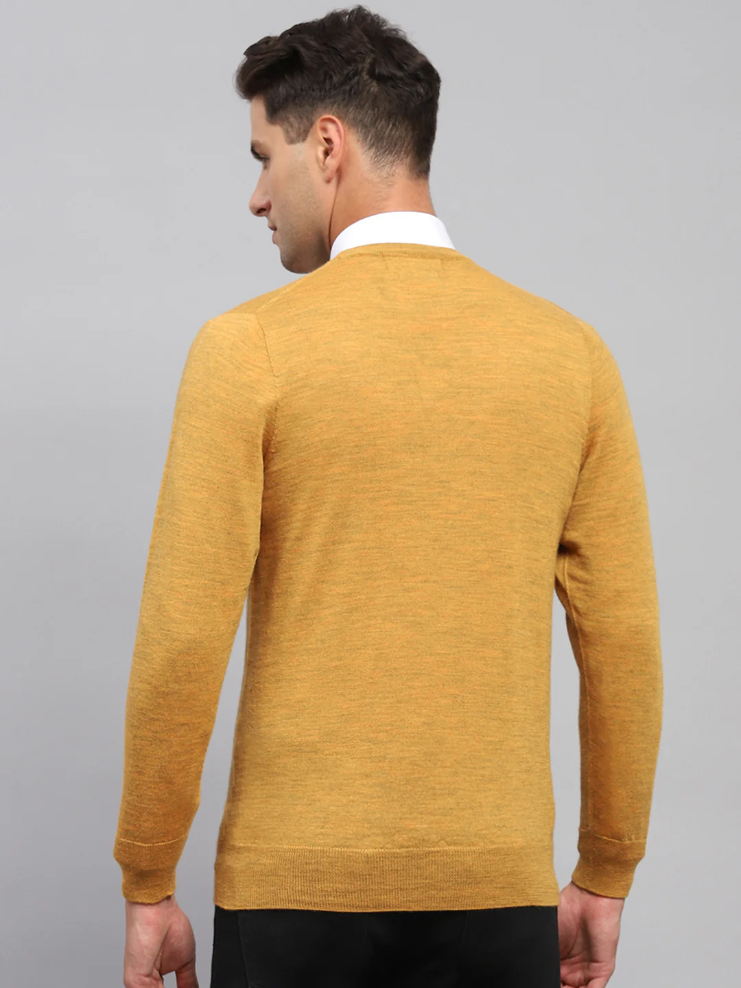 Men Mustard Solid Round Neck Full Sleeve Pullover - Image 5