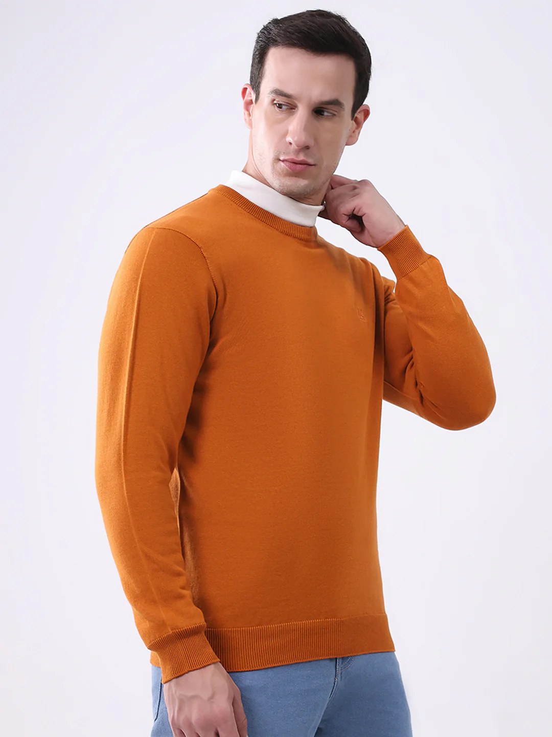 Men Mustard Solid Round Neck Full Sleeve Pullover - Image 4