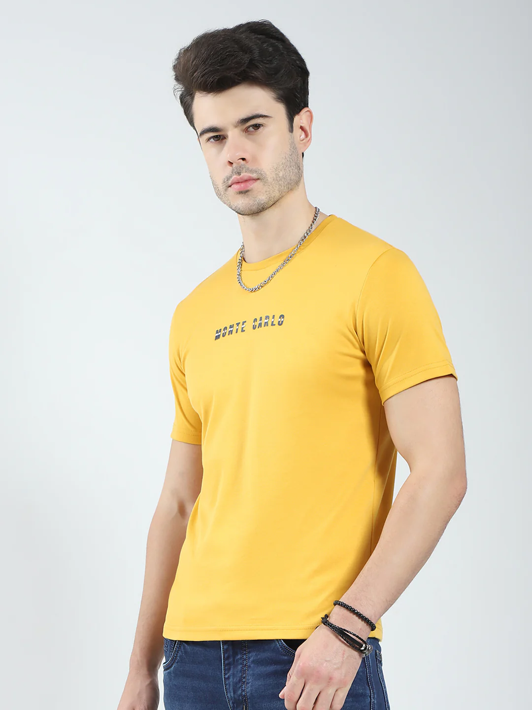 Men Mustard Solid Round Neck Half Sleeve T-Shirt - Image 3